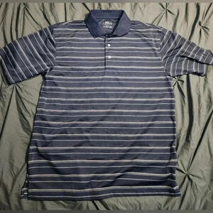 PGA Tour Shirt Mens Medium Navy Blue Stripe Short Sleeve Golf Polo Performance